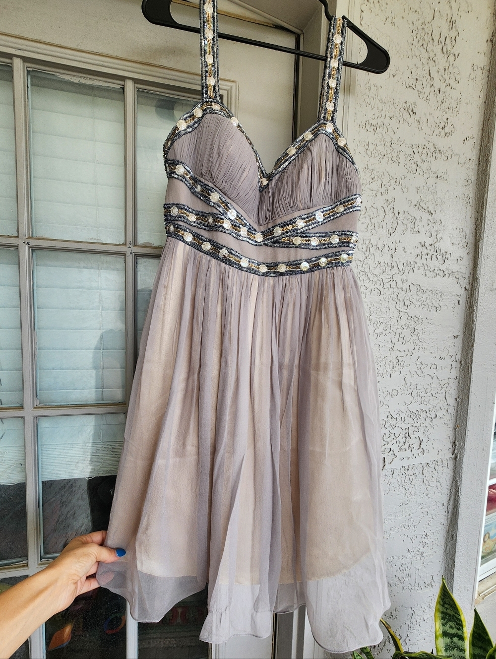 Adrianna Papell $179 NWT Elegant Taupe Beaded Silk A-Line Dress - Women's B12